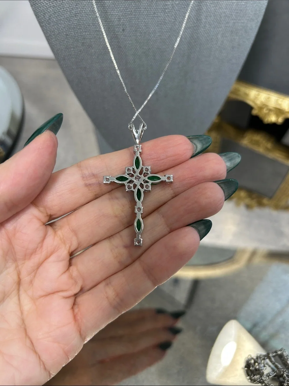 Emerald Green Crystal Cross Pendant Necklace - Silver Tone